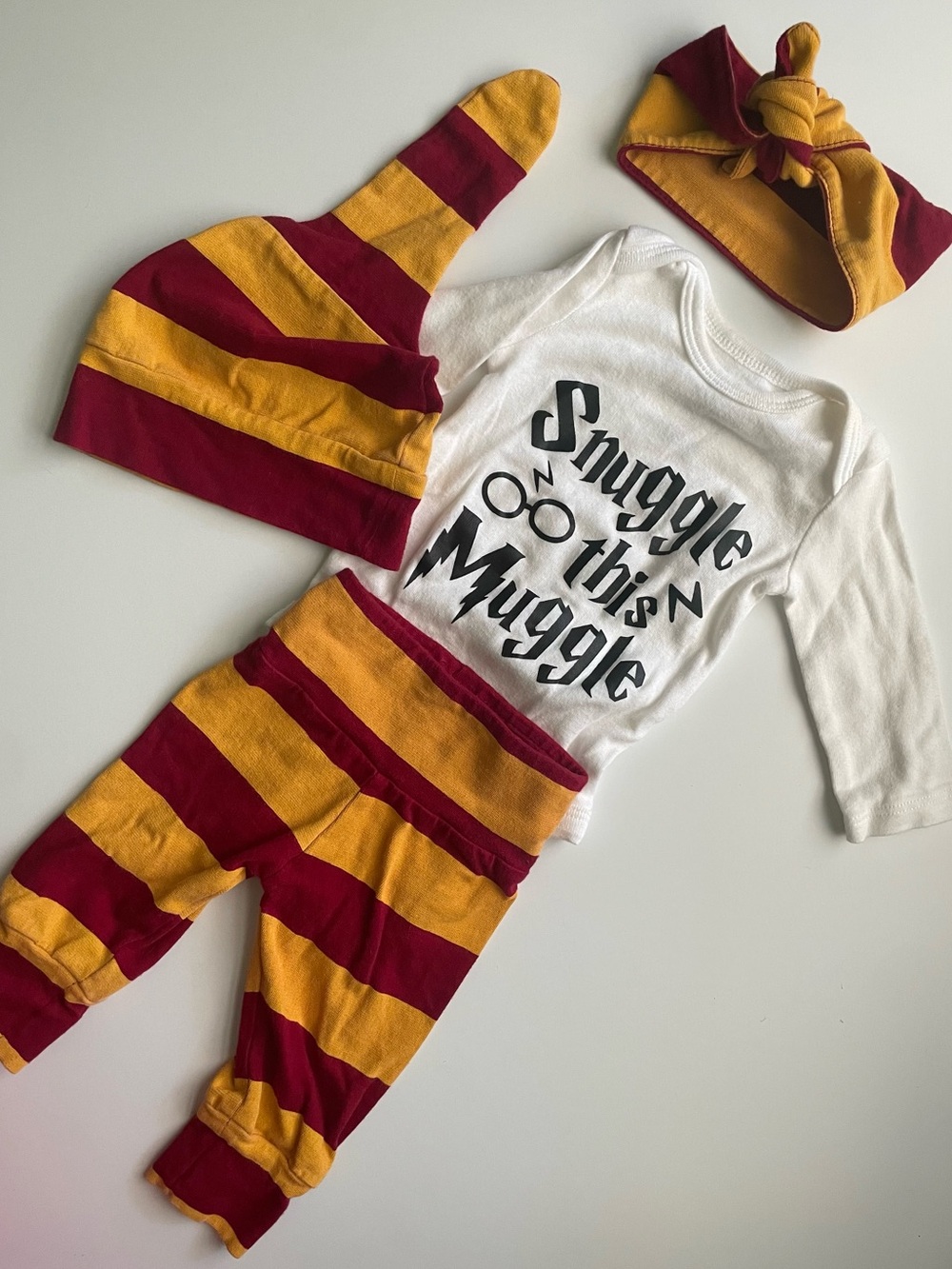 ‘Snuggle this Muggle’ Harry Potter Gryffindor Striped Outfit with Hat & Headband